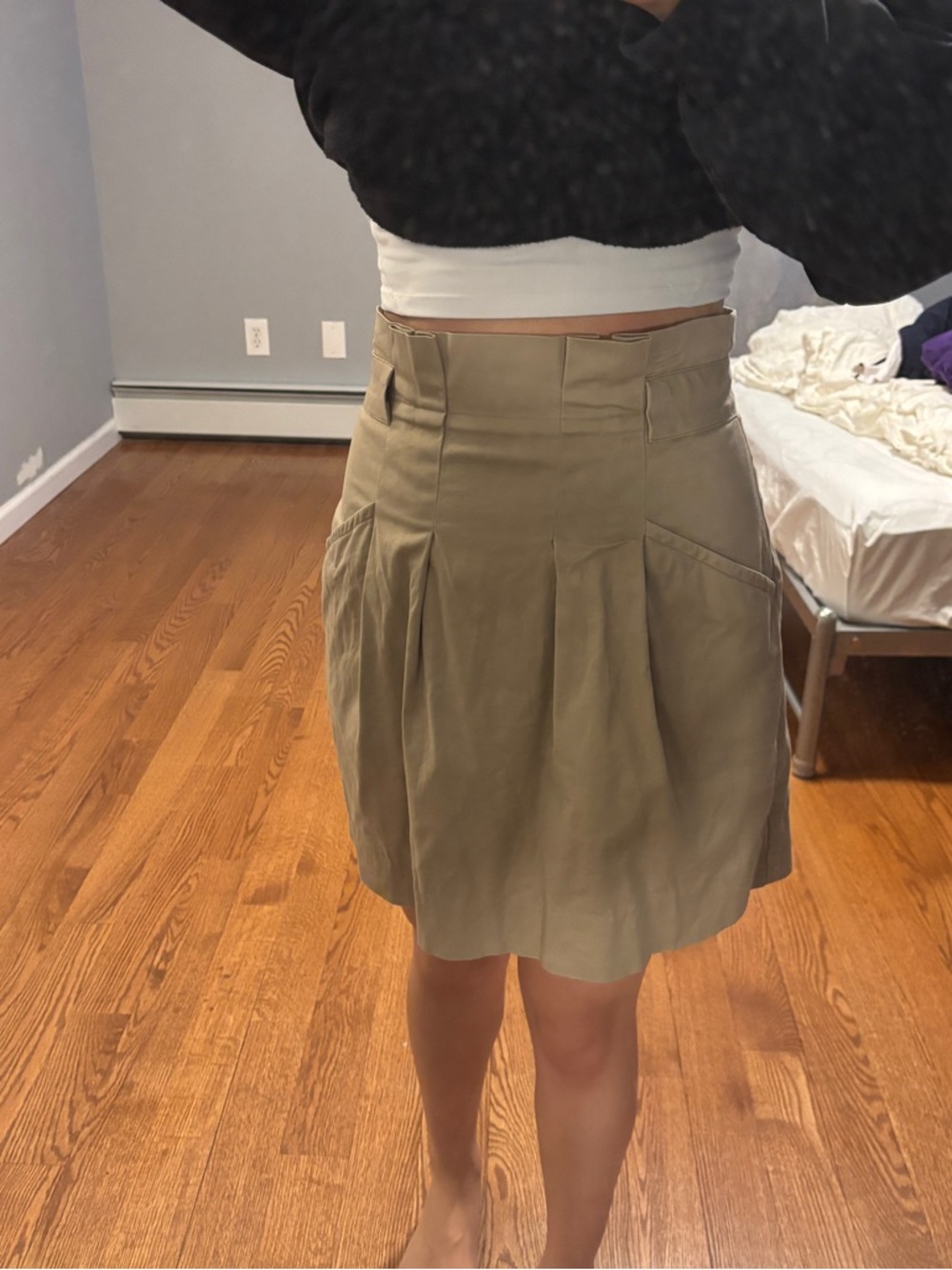 High-Waist Khaki Pleated Waist Skirt
